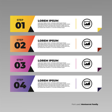 Business infographic timeline vector illustration with four steps and colorful geometric gradient banner cards menu layout with paper fold corner