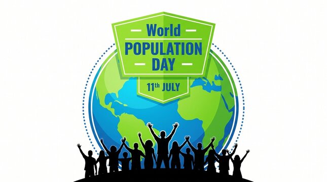 World Population Day 11th July banner, global community silhouette with earth globe, international awareness campaign graphic for social issues