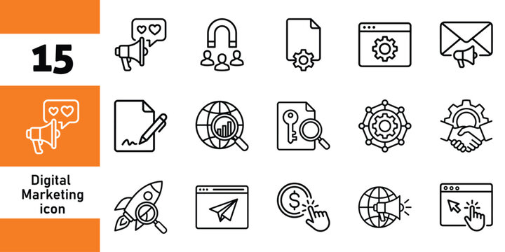 Digital marketing and SEO strategy outline icon set for online business and advertising illustration with marketing