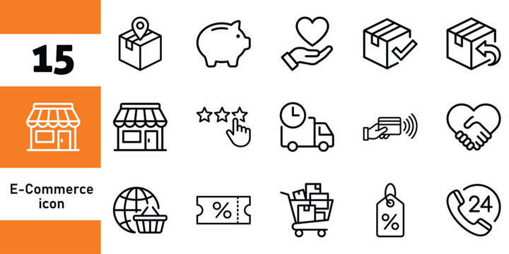 E commerce and online shopping outline icon set for retail business and consumer transaction illustration with ecommerce