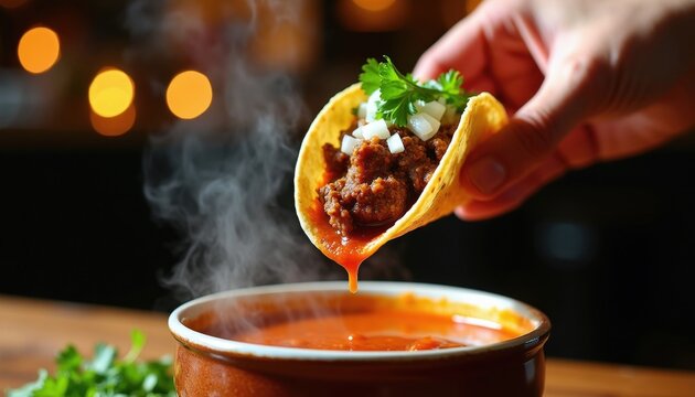 Hand dips taco filled with meat and onion into steaming consome broth. Food art close-up shows juicy filling dripping sauce. Delicious mexican dish served hot.