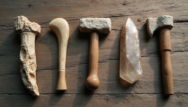 Ancient primitive stone tools arranged on weathered wood. Shows early human history and craft. Displays axe hammer and axe head artifacts. Tools represent ancient civilization.
