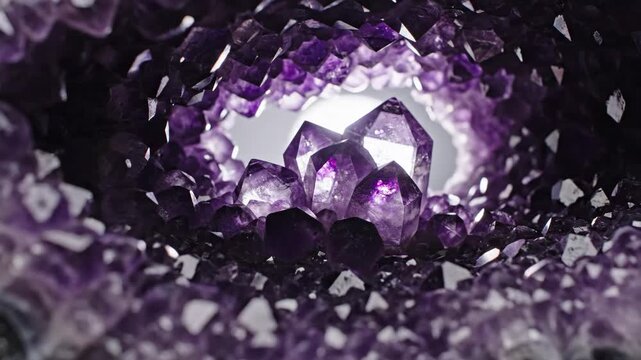 Deep purple amethyst geode tunnel with backlit crystalline structures extreme macro probe shot