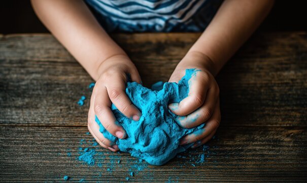 Young child using both hands to shape blue playdough on a rustic wooden table in bright afternoon light