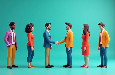 Fototapeta premium Diverse business people stand in line. Two men shake hands making deal. Teamwork collaboration happens in modern office setting. Agreement achieved success connection.
