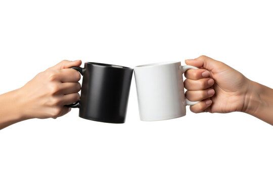 Two hands holding a matte black coffee mug and a shiny white ceramic mug clinking together in a toast&nbsp;