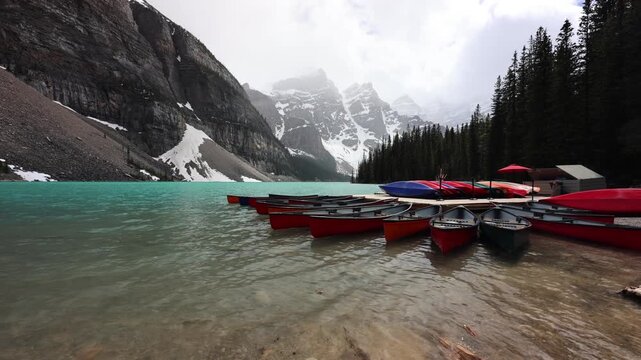 Red Canoes on Moraine Lake with Valley of Ten Peaks, Banff National Park, Alberta, Canada
