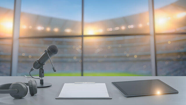Microphone, headphones, tablet, and blank clipboard on a desk inside a commentary studio overlooking a blurred sports stadium. Concept for live broadcasting and sports journalism