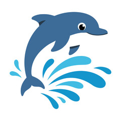 Fototapeta premium Stylized cartoon dolphin jumping through blue water splashes on a clean white background, ocean wildlife concept