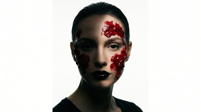 Young woman with gruesome special effects horror makeup on face standing in studio with white background.