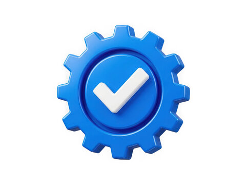 Blue checkmark gear icon with confirmation symbol isolated on transparent background