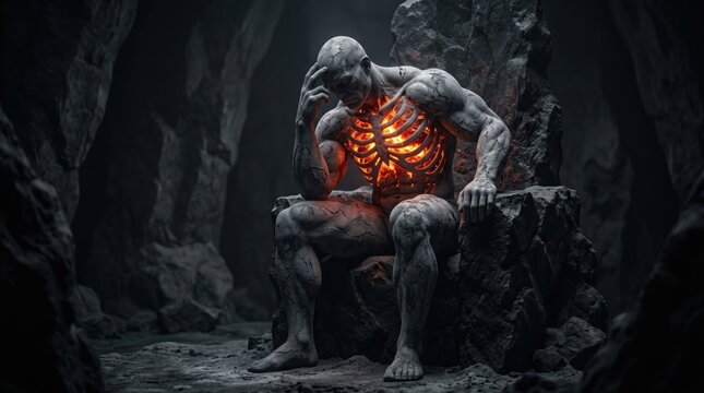 Powerful cracked stone figure with glowing rib cage sits in deep thought within dark, desolate cave environment.