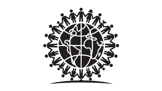 Diverse people around globe in black and white minimalist illustration for teamwork and global unity