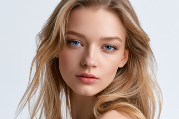 Naklejka premium natural beauty portrait of elegant blonde woman, closeup portrait of beautiful blonde female with blue eyes, sophisticated young blonde woman with minimal makeup