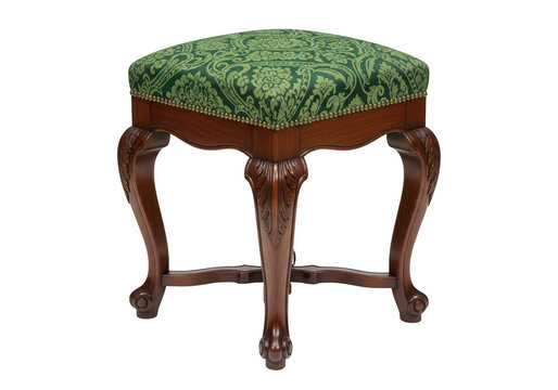 Antique stool upholstered seat ornate wooden legs decorative accent.