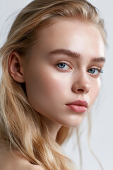 Fototapeta premium natural beauty portrait of elegant blonde woman, closeup portrait of beautiful blonde female with blue eyes, sophisticated young blonde woman with minimal makeup