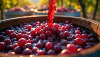Fototapeta premium Grapes are crushed into juice in wooden barrel for wine production. Red liquid pours on ripe fruit at vineyard harvest. Traditional winemaking process in rural winery.