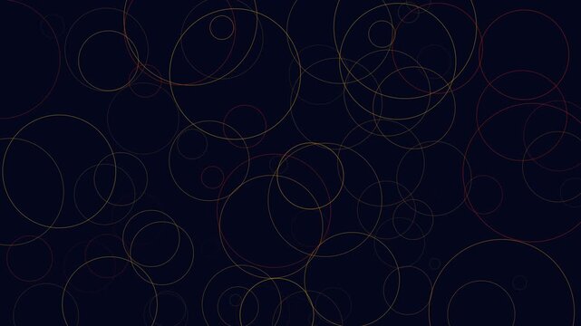 Minimalist abstract background, with floating thin, gold circles on, dark navy blue, motion luxury