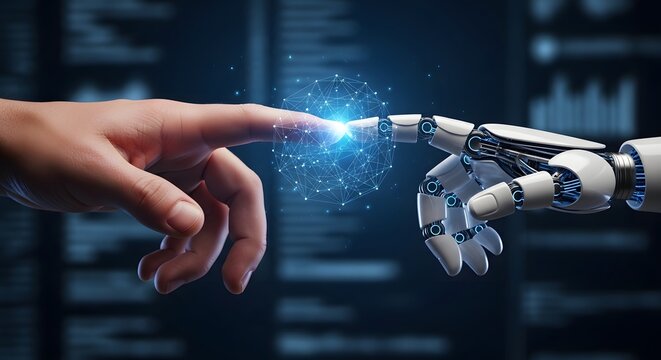 Human hand touching robot mechanical finger with glowing data network sphere on dark background artificial intelligence technology concept