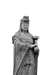 Obraz premium Ancient Chinese goddess statue isolated PNG on transparent background, traditional stone sculpture with ornate robes and cultural heritage concept