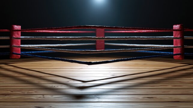 Dimly lit boxing ring with ropes, wooden floor, spotlight