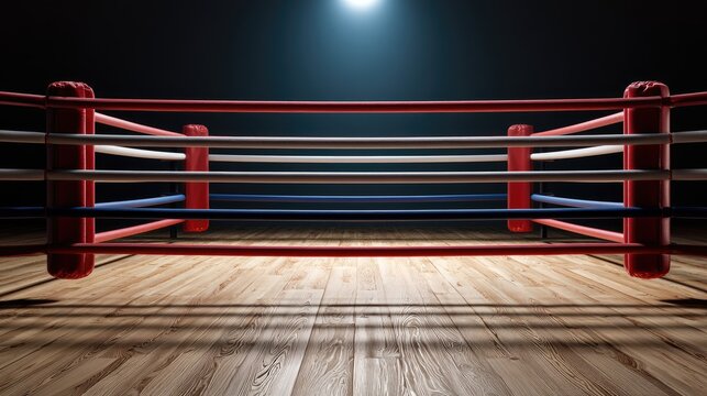Empty boxing ring with spotlight and wooden floor