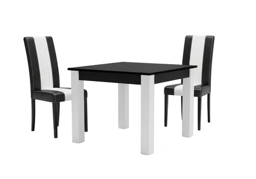 Black and white square dining table with two chairs.