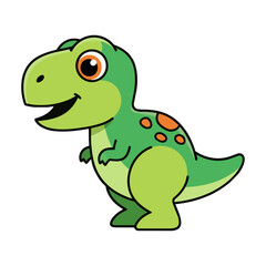 Fototapeta premium Cute baby tyrannosaurus rex dinosaur standing in profile with a joyful expression and orange spots on a solid green body, playful prehistoric animal character concept