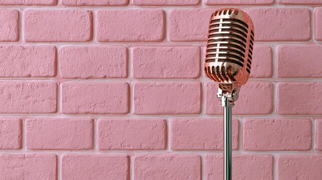 Vintage microphone on chrome stand against pink brick wall