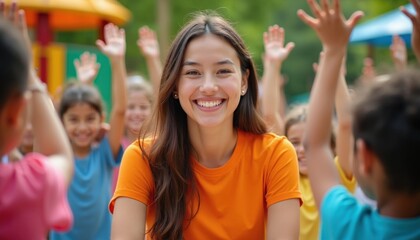 Fototapeta premium Smiling woman teacher with kids raising hands in playground. Children learn and play together with colorful equipment on sunny day. Happy youth group enjoys outdoor school activity.