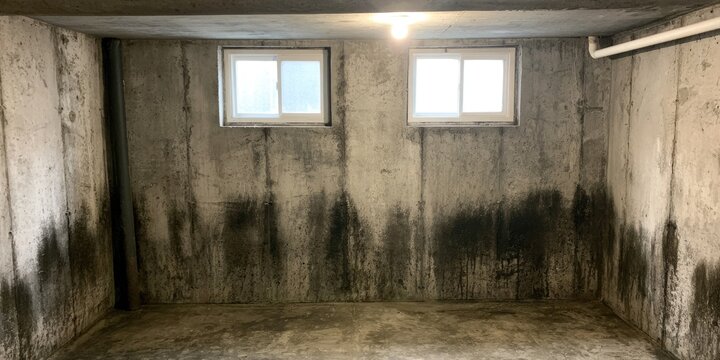 A basement with concrete walls, two small windows, and water stains