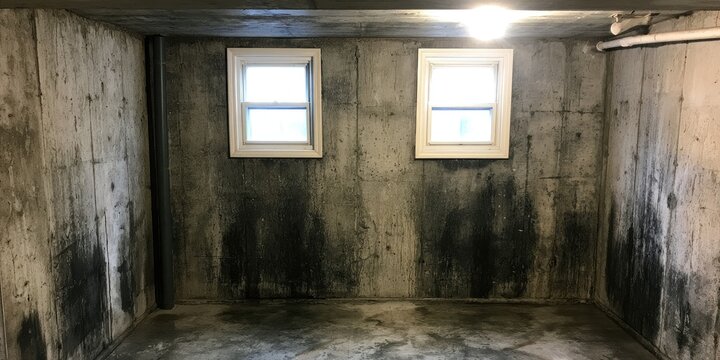 Concrete basement interior with two small windows and dark stains