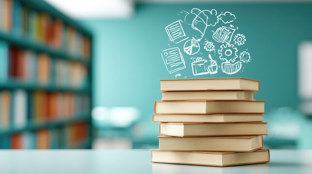 Stacked books with a cloud of sketched ideas, charts, and gears above