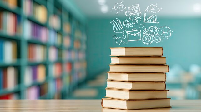 Stack of books with sketched ideas emanating upwards