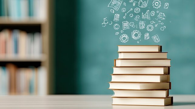 Stack of books with glowing icons of knowledge and ideas emanating upwards