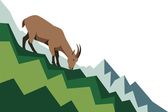 Flat vector illustration of a wild brown chamois goat grazing quietly on a steep zigzag green mountain slope, nature concept