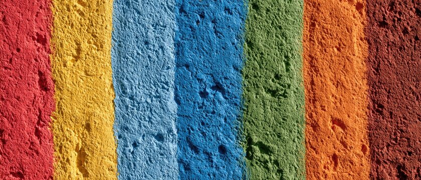 Vertical stripes of rough textured paint in rainbow colors