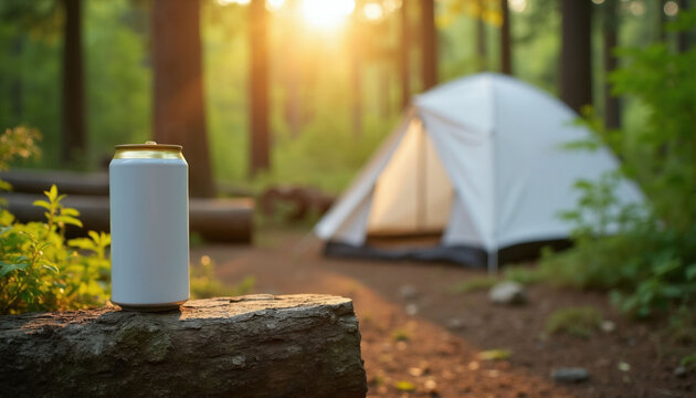 White beverage can sits on log in forest campsite. White tent glows in soft sunlight. Peaceful nature scene, outdoor recreation, camping trip relaxation.