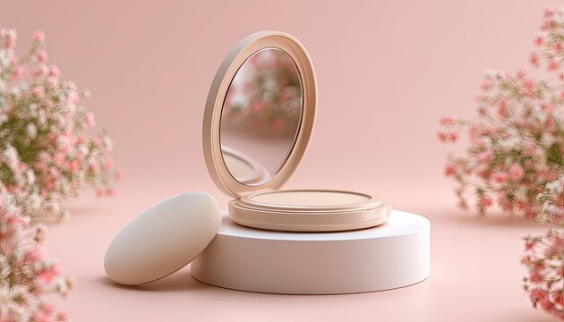Elegant compact with mirror and puff, surrounded by delicate pink florals
