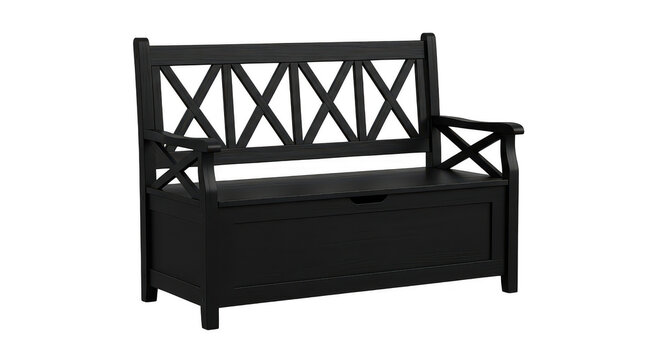 Black wooden storage bench with lattice backrest.