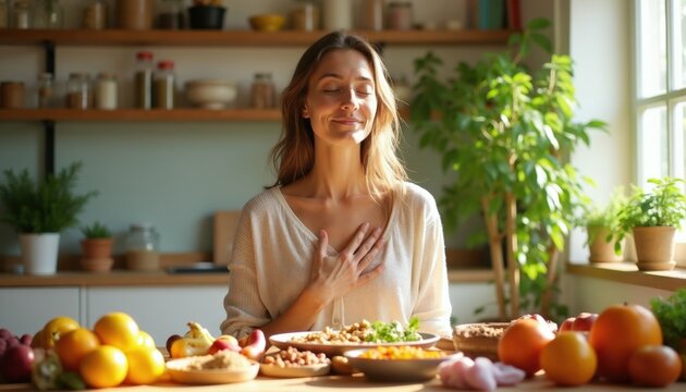 Woman with closed eyes rests hand on chest appreciating healthy vegan food. She sits at table with fruits vegetables nuts in bright kitchen preparing to eat. Mindful eating for wellness.