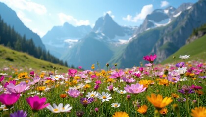 Fototapeta premium Vivid meadow blooms with colorful wildflowers. Mountain range rises in background under clear blue sky. Gentle breeze moves blossoms across grassy slope. Scenic landscape evokes peace nature beauty.