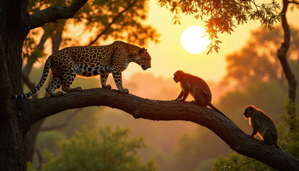 Obraz premium Leopard balances on branch above monkeys. Sun sets creating golden hour light. Jungle habitat shows predator and prey interaction in wild nature.