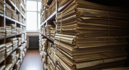 Obraz premium Old paper archives stacked on wooden shelves inside a dusty library room with natural light coming from the window