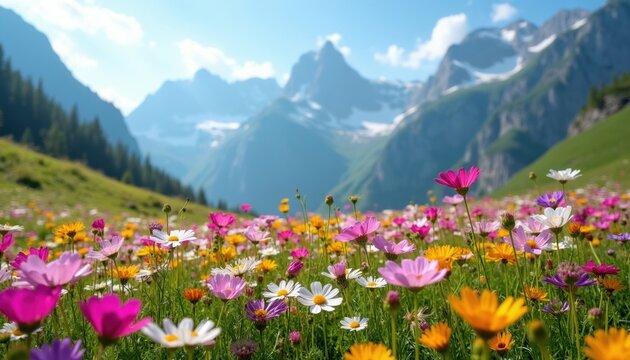 Vivid meadow blooms with colorful wildflowers. Mountain range rises in background under clear blue sky. Gentle breeze moves blossoms across grassy slope. Scenic landscape evokes peace nature beauty.