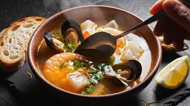 Delicious steaming seafood soup served with bread and lemon wedge in rustic bowl close up