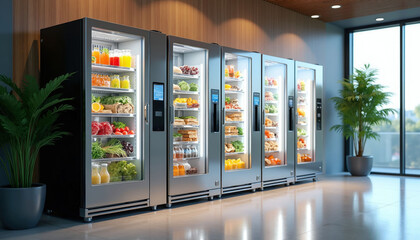 Fototapeta premium Row of smart refrigerated vending machines stocked with fresh food, drinks placed in modern office setting. Automated retail stores provide convenient access to healthy meal options, snacks,