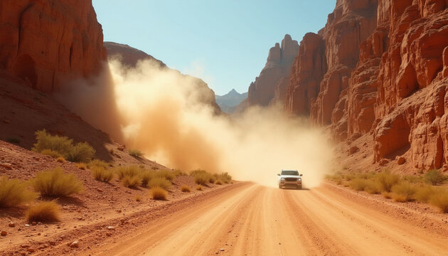 White SUV drives on dirt road through desert canyon kicking up large dust cloud. Red rock formations rise high on sides. Clear blue sky above. Arid landscape with sparse dry brush.
