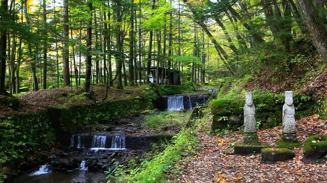 矢ケ崎川の流れと室生犀星文学碑