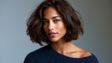 Obraz premium elegant brunette woman with natural beauty portrait, sophisticated female closeup with soft studio lighting, timeless beauty portrait of confident brunette woman